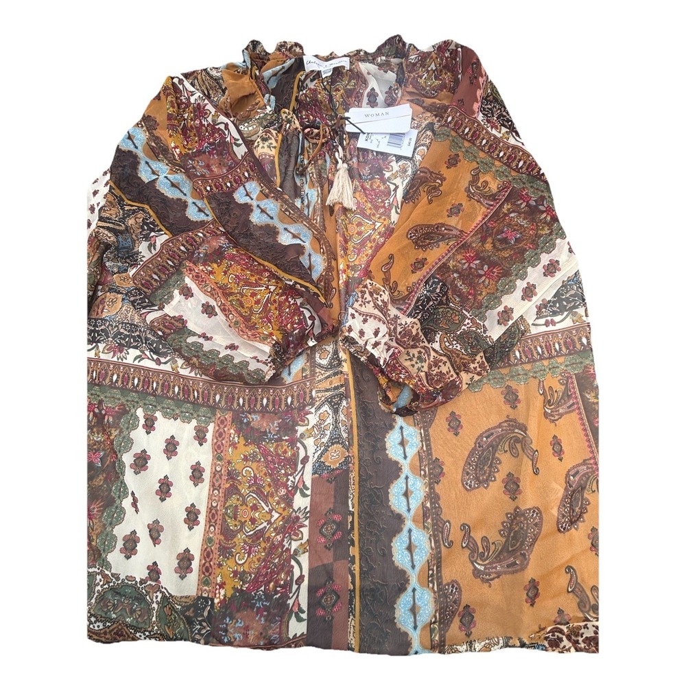 Chelsea Theodore‎ Shirt Womens 3XL Paisley Ruffle Neck Party Peasant Blouse